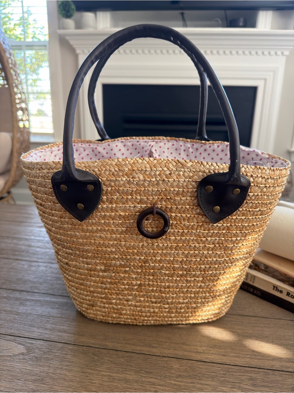 Straw Tote Bag with Black Handles and Polka Dot Lining